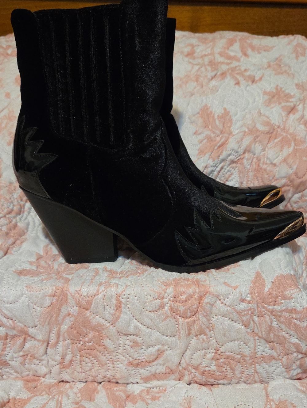 Black Velvet Western Ankle Boots - Women